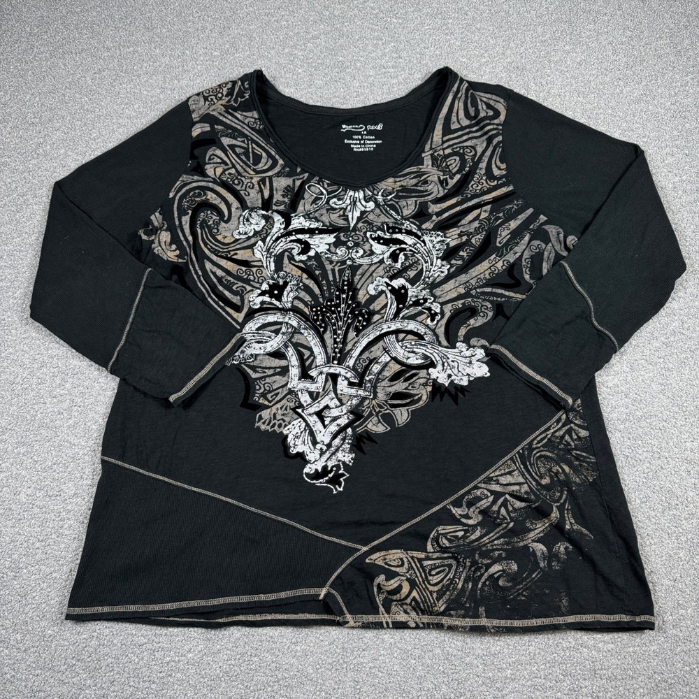 RXB Shirt Women's 1X Black Graphic Rhinestone Cotton Long Sleeve Lightweight